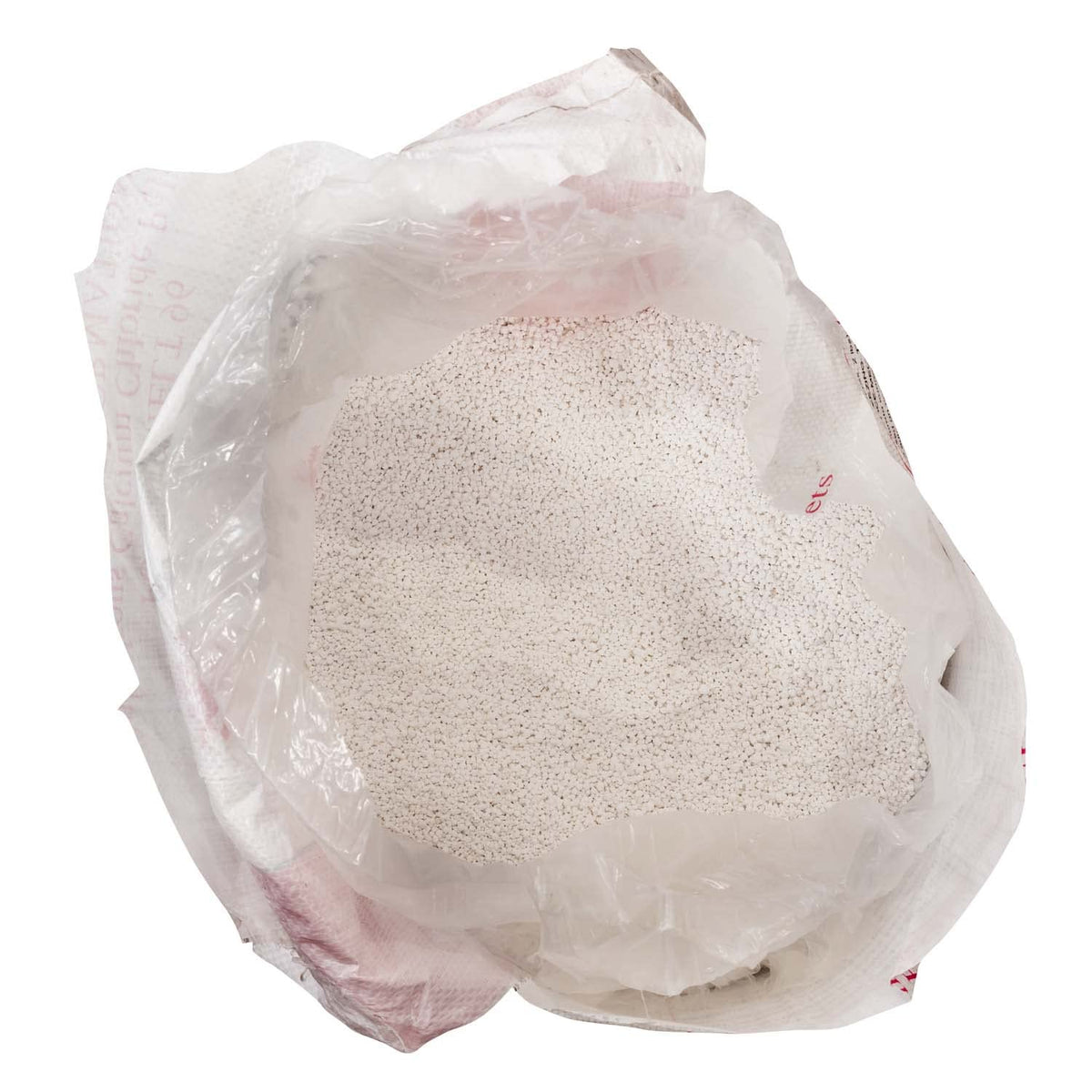 Open bag of white calcium chloride pellets seen from above.