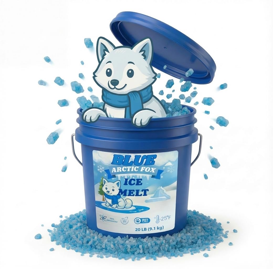 Arctic fox cartoon popping out of a Blue Arctic Fox Ice Melt pail full of blue granules.