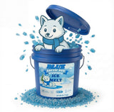 Arctic fox cartoon popping out of a Blue Arctic Fox Ice Melt pail full of blue granules.