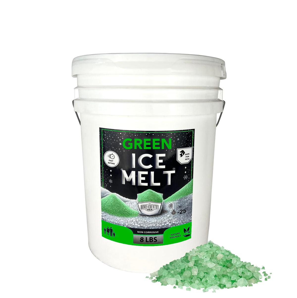Home and Country USA Green Ice Melt 8 lb pail with green granules.