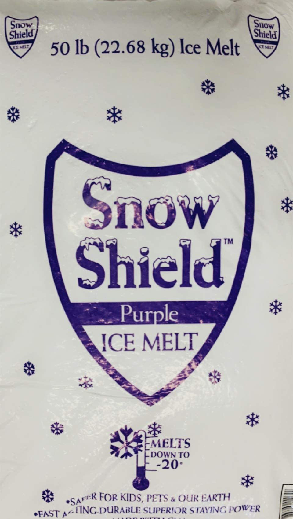 Snow Shield Purple ice melt 50 lb bag front, printed melts down to -20°F, shown on the Snow Shield Pink listing.