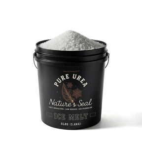 Nature's Seal Pure Urea Ice Melt 8 lb black bucket heaped with white pellets.