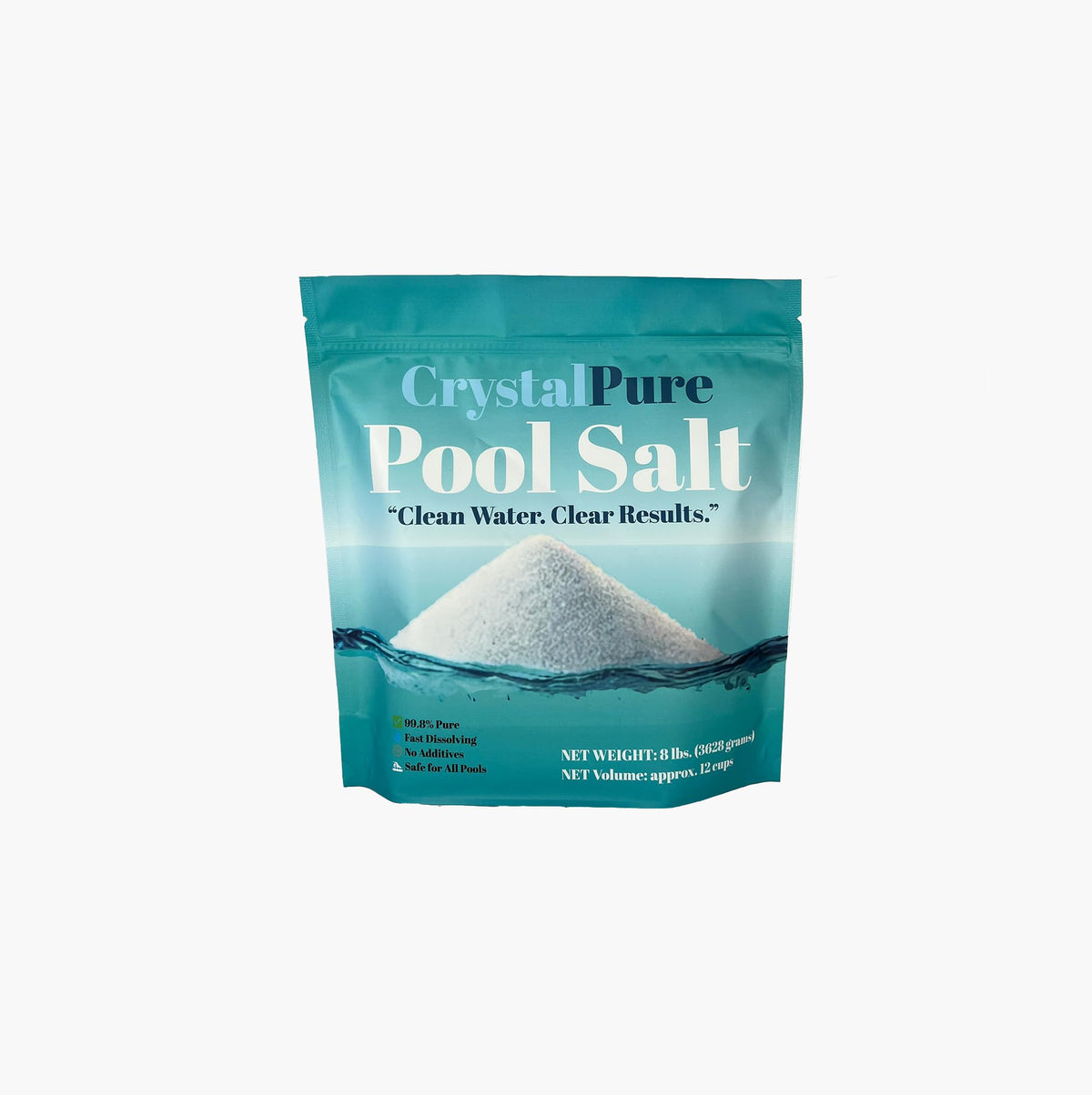 CrystalPure Pool Salt 8 lb teal pouch printed clean water, clear results, 99.8% pure.