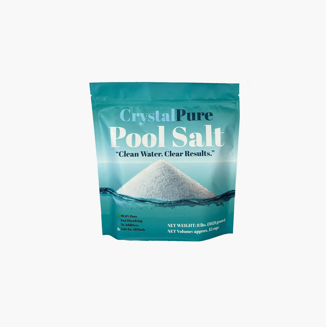 CrystalPure Pool Salt 8 lb teal pouch printed clean water, clear results, 99.8% pure.