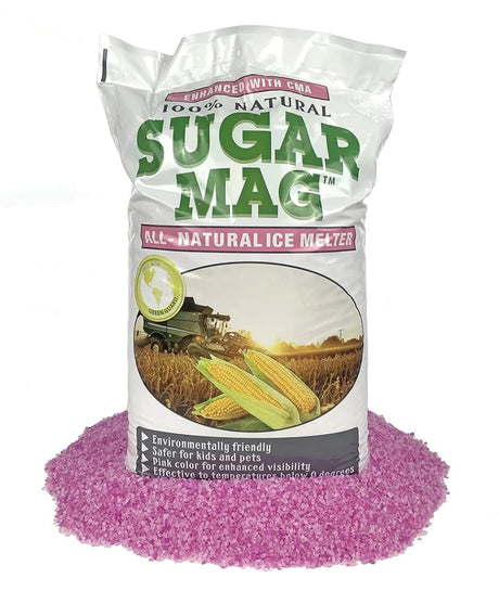Sugar Mag all-natural ice melter 50 lb bag from Chemical Equipment Labs with a pile of pink granules, enhanced with CMA.