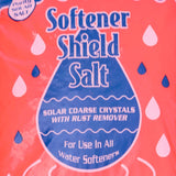 Close-up of the Softener Shield Salt bag front, printed solar coarse crystals with rust remover.