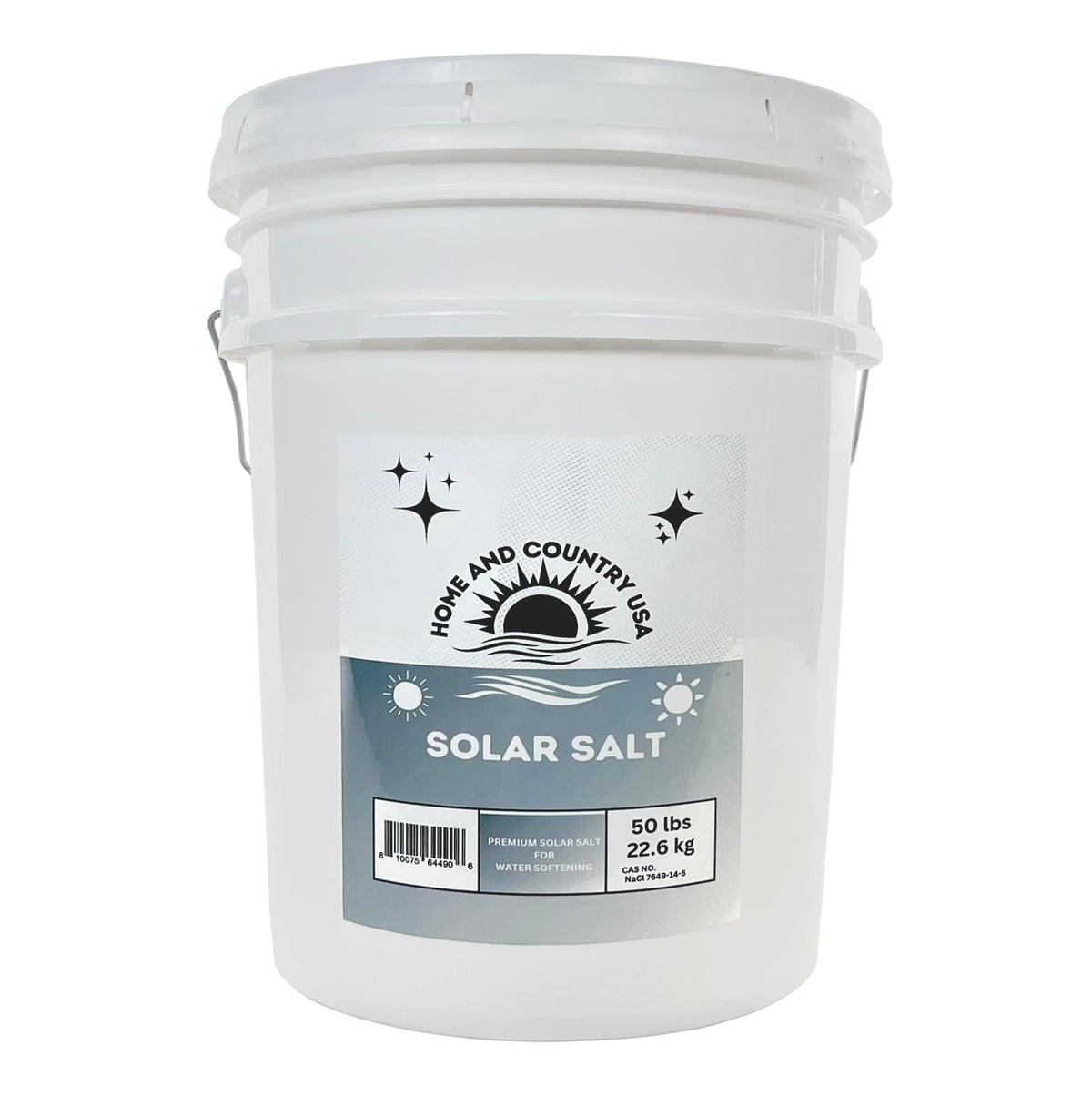 Home and Country USA Solar Salt 50 lb white pail with a sunrise label.