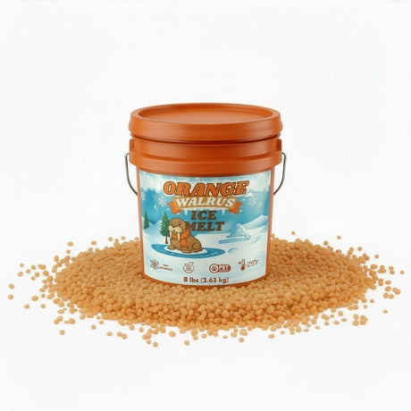 Orange Walrus CMA Pet-Friendly Ice Melt 8 to 45 lb pails, orange granules rated to -25°F