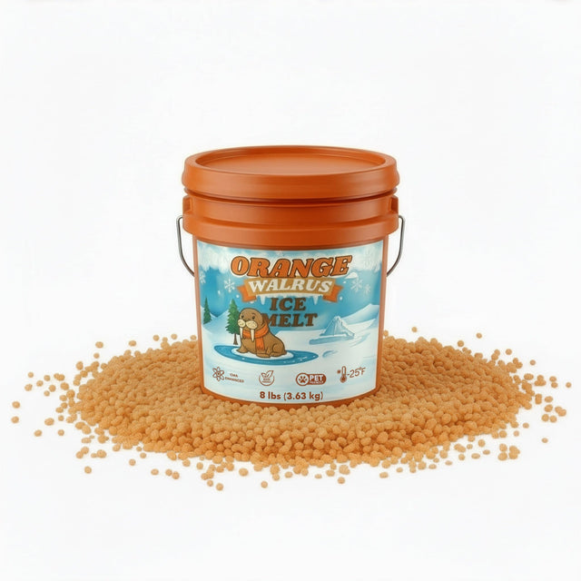 Orange Walrus Ice Melt 8 lb pail with orange ice melt granules.
