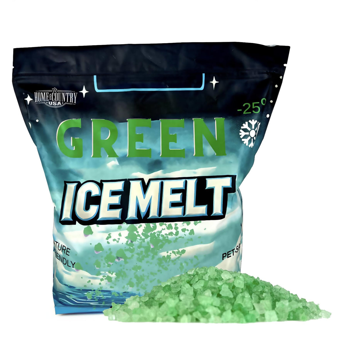 Home and Country USA Green Ice Melt 8 lb bag with green granules.