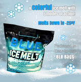 Blue Ice Melt bag in snow, text a colorful ice melt with 5 modes of action, melts down to -25°F.