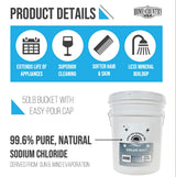 Product details graphic: 50 lb bucket with easy-pour cap, 99.6% pure natural sodium chloride.
