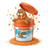 Walrus cartoon popping out of a Orange Walrus Ice Melt pail full of orange granules.