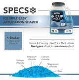 Spec graphic: one shaker covers up to 216 sq ft, five types of salt including CMA.