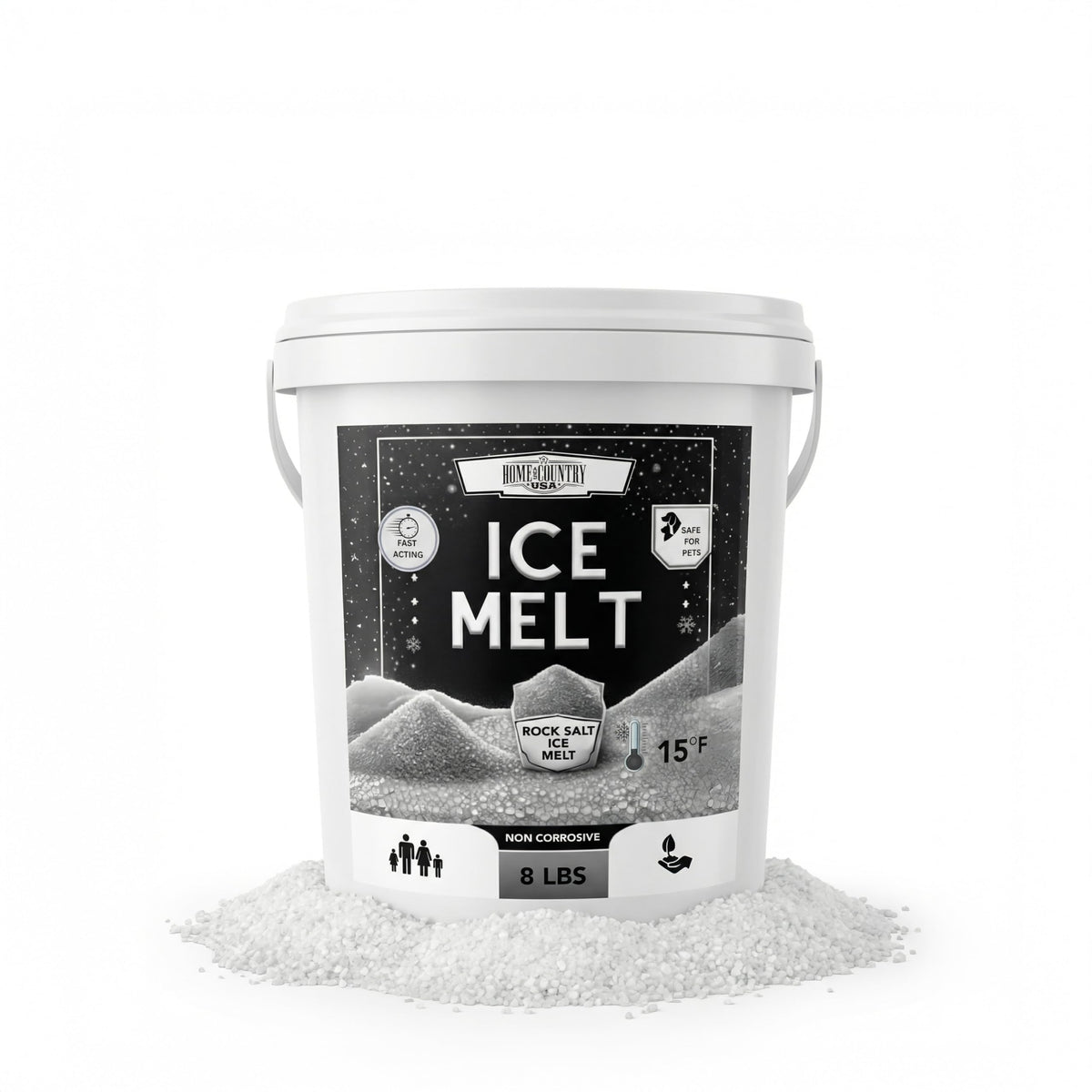 Home and Country USA Rock Salt Ice Melt 8 lb pail, printed 15°F.