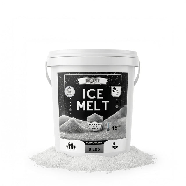 Home and Country USA Rock Salt Ice Melt 8 lb pail, printed 15°F.