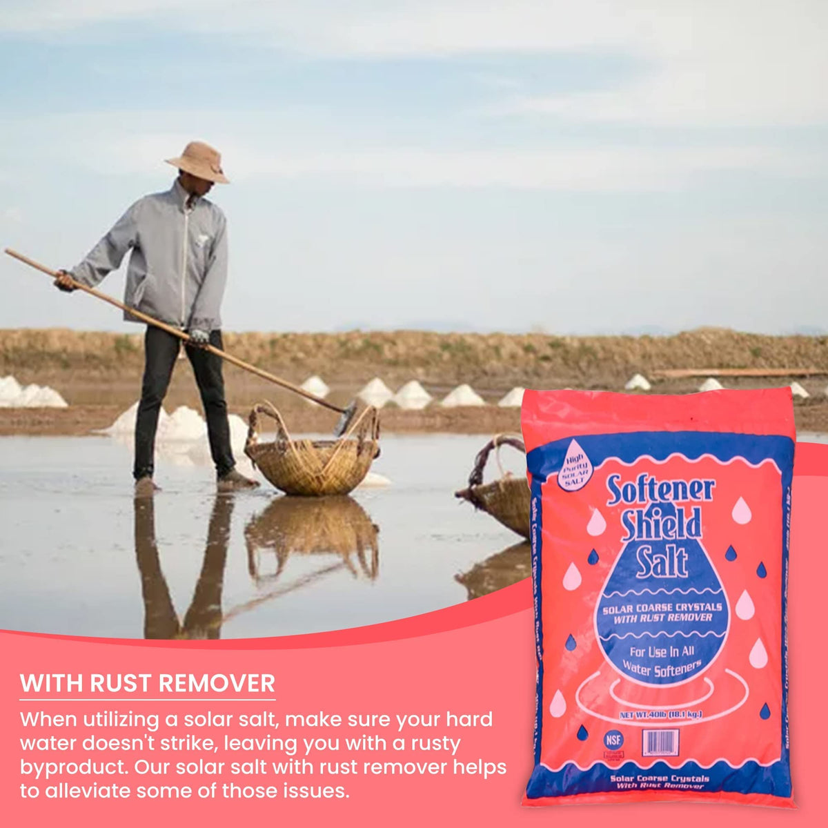 Solar salt harvest at an evaporation pond with a Softener Shield Salt bag and a with rust remover banner.