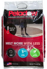 Peladow calcium chloride pellets 30 lb bag from OxyChem, printed melts to -25°F, covers 1,000 sq ft, made in USA.