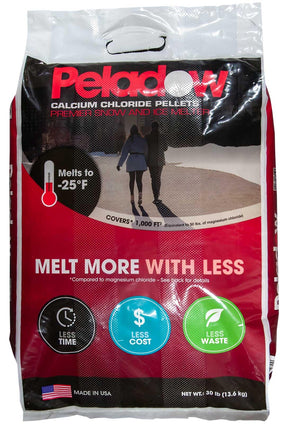 Peladow calcium chloride pellets 30 lb bag from OxyChem, printed melts to -25°F, covers 1,000 sq ft, made in USA.