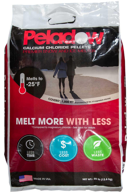 Peladow calcium chloride pellets 30 lb bag from OxyChem, printed melts to -25°F, covers 1,000 sq ft, made in USA.