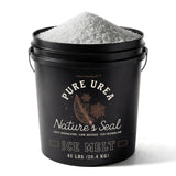 Nature's Seal Pure Urea Ice Melt 45 lb black bucket heaped with white pellets.