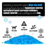 Pile of blue granules, text a blend of magnesium chloride, corrosion inhibitors, sodium chloride and CMA.