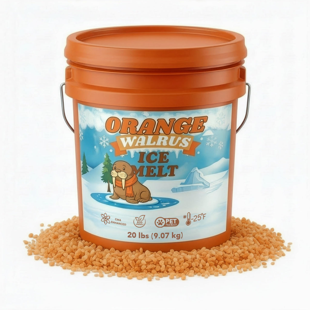 Orange Walrus Ice Melt 20 lb pail with orange granules.