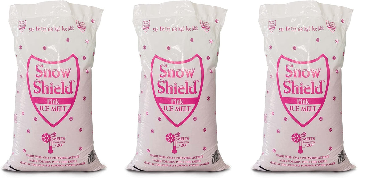 Three Snow Shield Pink ice melt 50 lb bags from Chemical Equipment Labs, the 3 bag pack.
