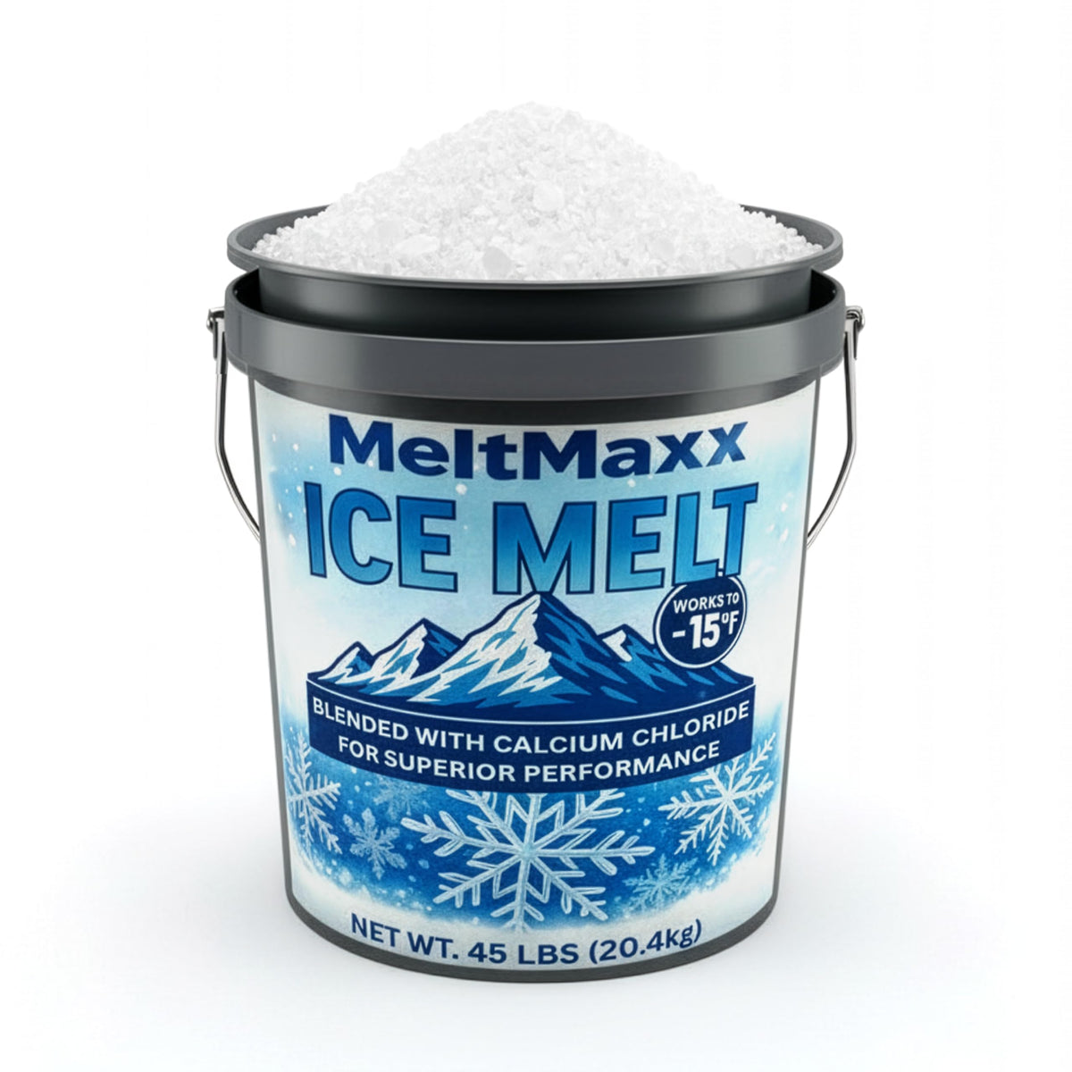 MeltMaxx Ice Melt 8 to 45 lb pails, calcium chloride and rock salt blend rated to -15°F, view 8