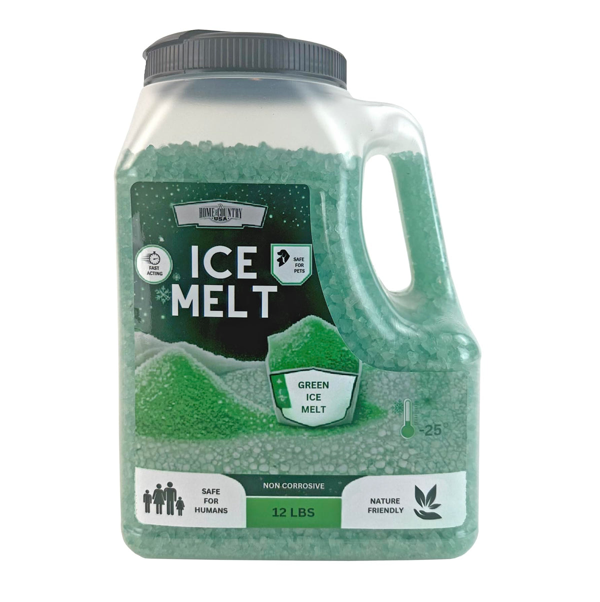 Home and Country USA Ice Melt 12 lb shaker jug of green granules.