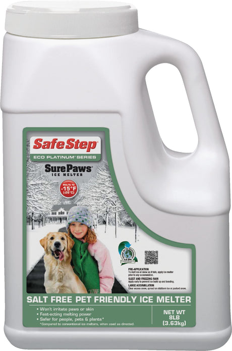 Safe Step Sure Paws salt free pet-friendly ice melter 8 lb jug, melts to -15°F, gentler on paws and skin.
