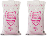 Two Snow Shield Pink ice melt 50 lb bags from Chemical Equipment Labs, printed melts down to -20°F.
