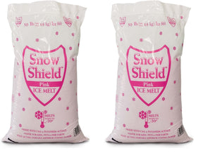 Two Snow Shield Pink ice melt 50 lb bags from Chemical Equipment Labs, printed melts down to -20°F.