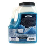 Back of the blue ice melt shaker jug with directions and a barcode.