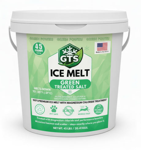 GTS Green Treated Salt Ice Melt 8 and 45 lb pails, rock salt treated with magnesium chloride