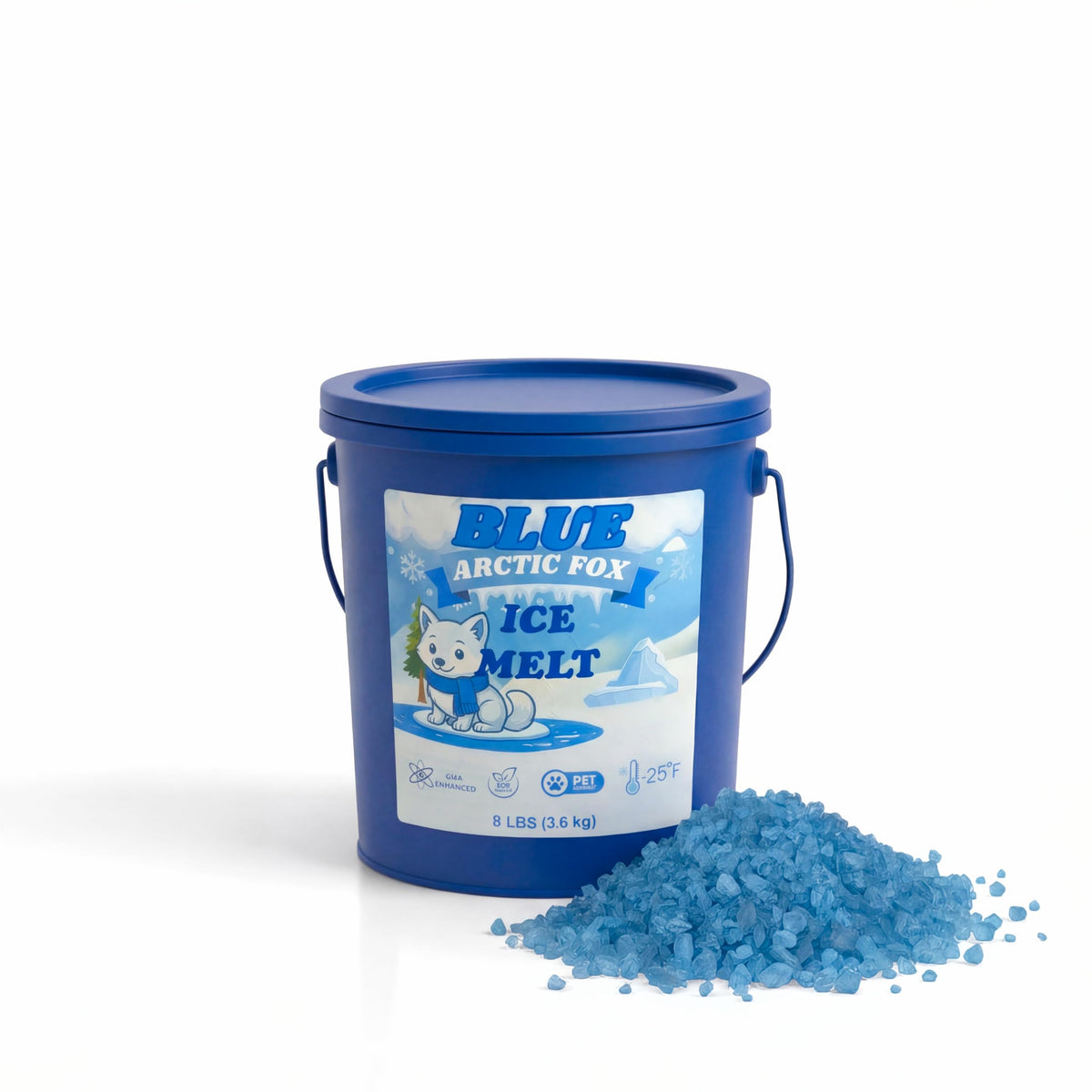Blue Arctic Fox Ice Melt 8 lb pail with blue ice melt granules.