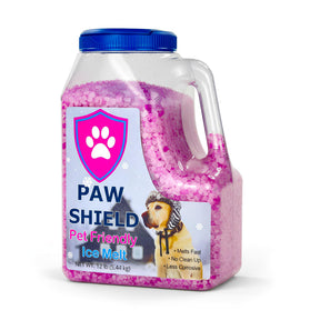 Paw Shield Pet-Friendly Ice Melt 12 lb jug of pink granules, printed melts fast, no clean up, less corrosive.