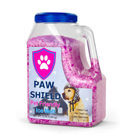 Paw Shield pet-friendly CMA and corn steep ice melt 12 lb jug, pink granules that melt below zero