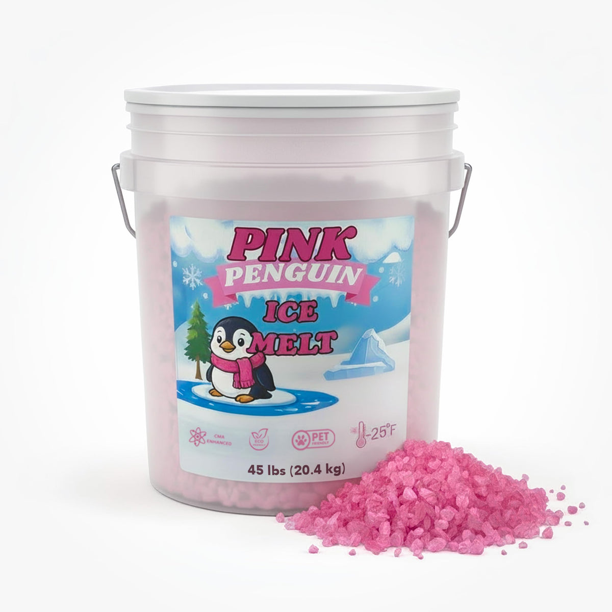 Pink Penguin CMA Pet-Friendly Ice Melt 8 to 45 lb pails, pink granules rated to -20°F, view 8