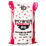 Power Melt 96 Calcium Chloride Pellets bag printed 94-96%, melts ice, with a ship wheel logo.