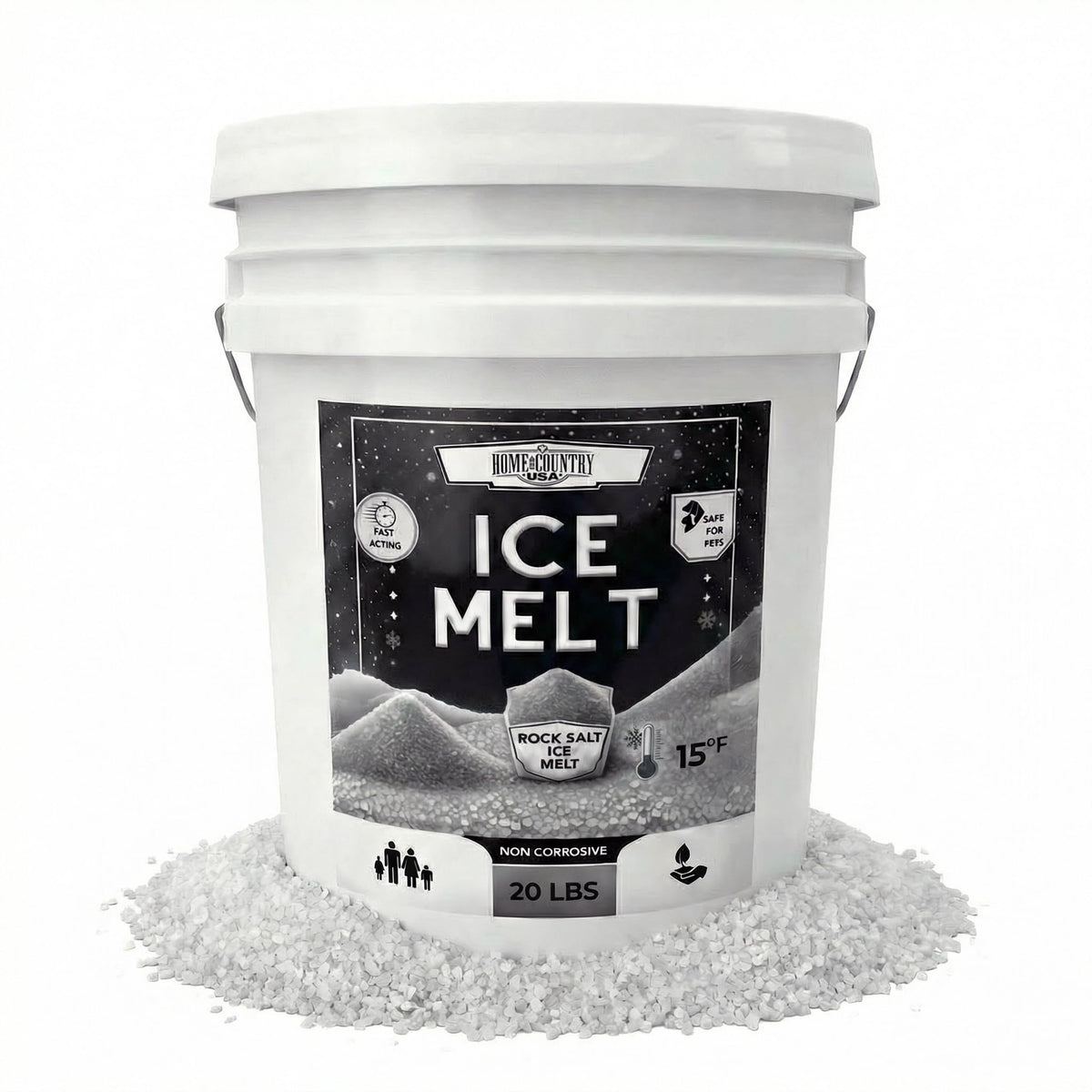 Home and Country USA Rock Salt Ice Melt 20 lb pail, printed 15°F.