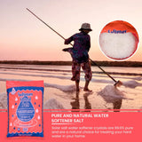 Solar salt raked at an evaporation pond beside a Softener Shield Salt bag and a close-up of the crystals.