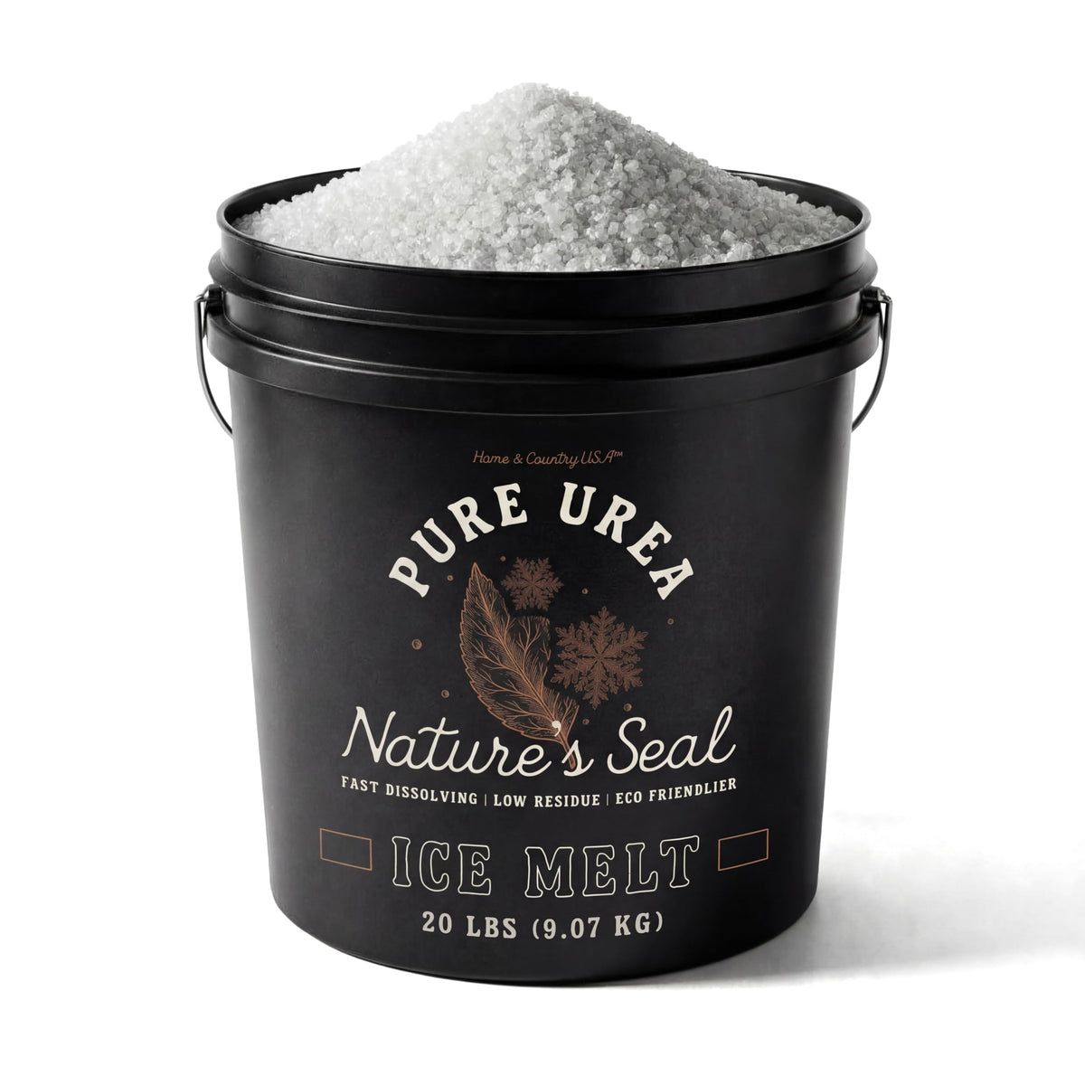 Nature's Seal Pure Urea Ice Melt 20 lb black bucket heaped with white pellets.