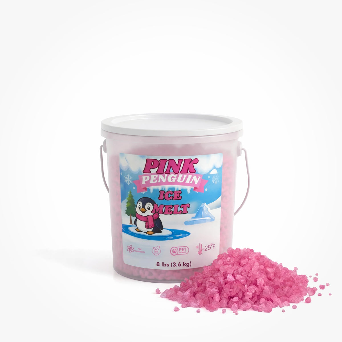 Pink Penguin CMA Pet-Friendly Ice Melt 8 to 45 lb pails, pink granules rated to -20°F