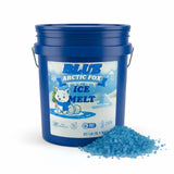 Blue Arctic Fox Ice Melt 20 lb pail with blue granules.