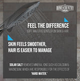 Shower head graphic, text feel the difference, soft water is gentler on skin and hair.