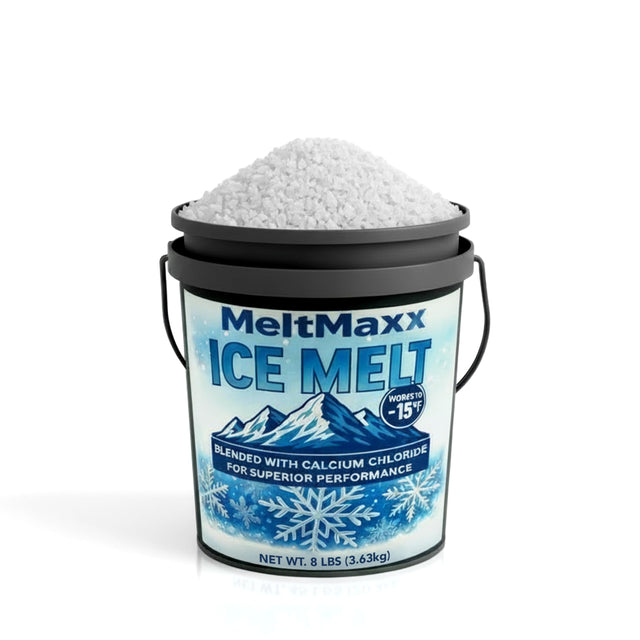 MeltMaxx Ice Melt 8 to 45 lb pails, calcium chloride and rock salt blend rated to -15°F