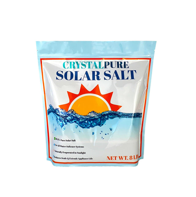 CrystalPure Solar Salt 8 lb pouch printed 99.5%+ pure solar salt, for all water softener systems.