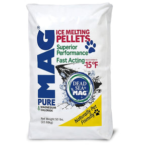 Dead Sea Mag pure magnesium chloride ice melting pellets 50 lb bag, printed melts down to -15°F and naturally pet friendly.