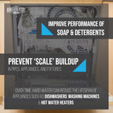 Open dishwasher, text prevent scale buildup in pipes, appliances and fixtures.